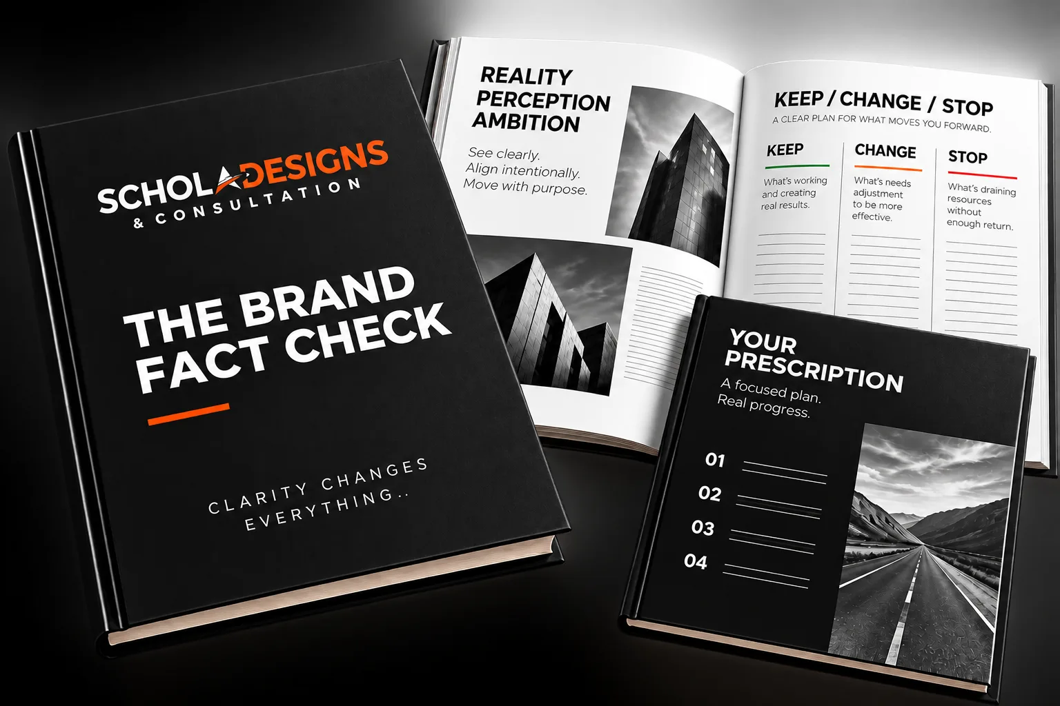A mockup of The Brand Fact-Check diagnostic booklet and prescription pages